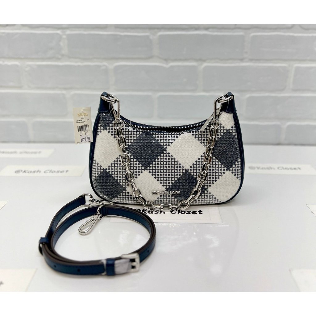 Michael Kors Cora Sequence Plaid Medium Shoulder Purse Crossbody Bag Navy